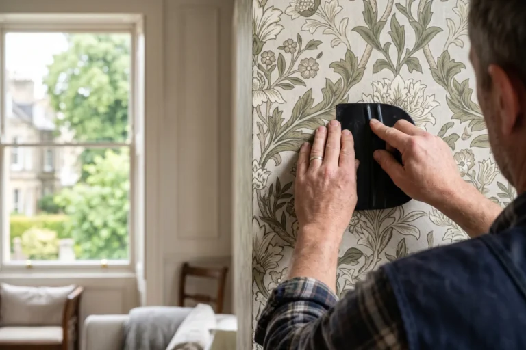 Installer pressing a wallpaper seam flat with a smoothing tool