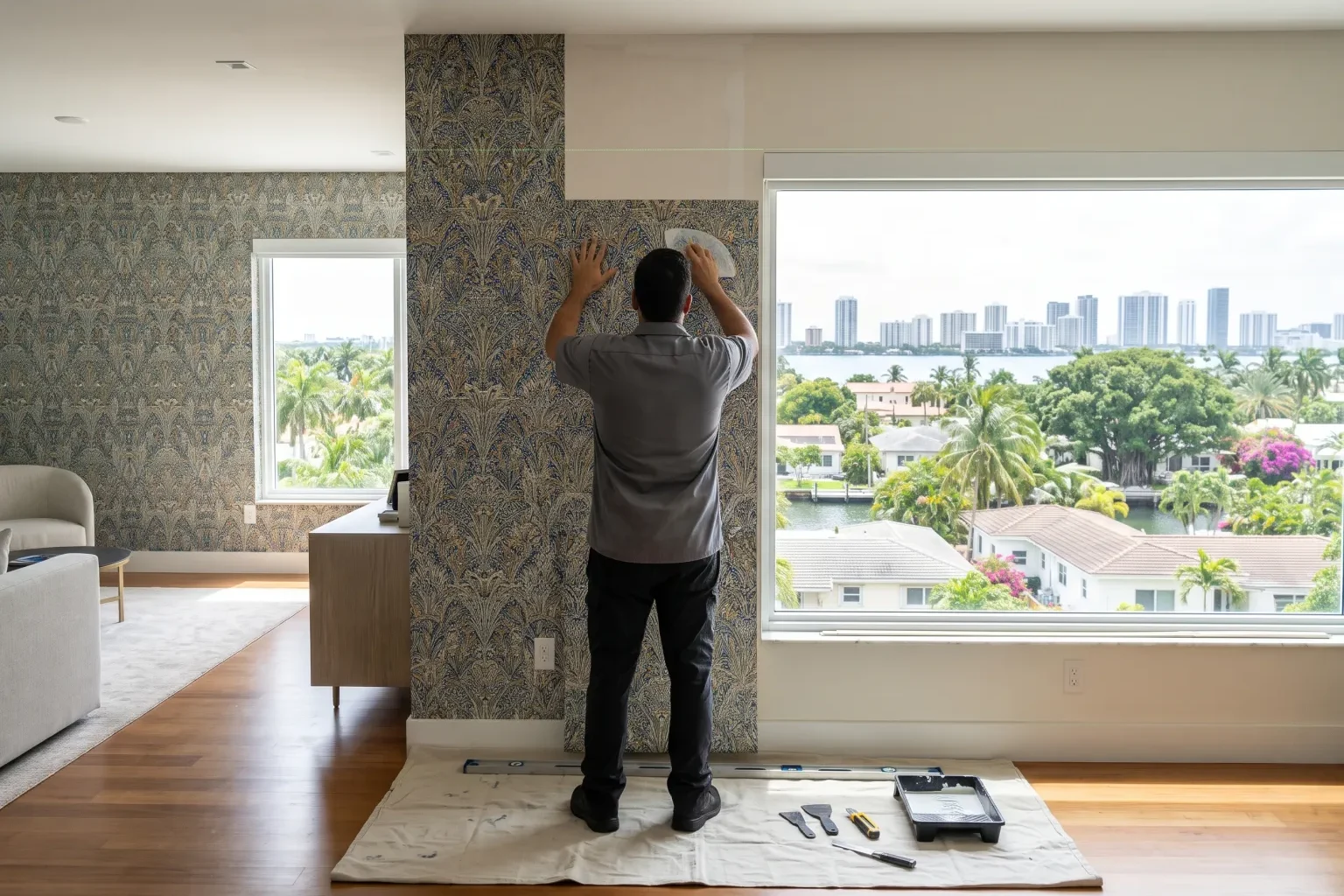 Installer smoothing a new panel of patterned wallpaper on a living room wall